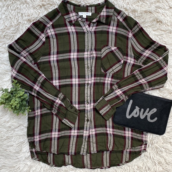 🎉HP🎉 Blue Pepper Day to Day Button Down Plaid Shirt 💗 Olive Cranberry White - Picture 2 of 14